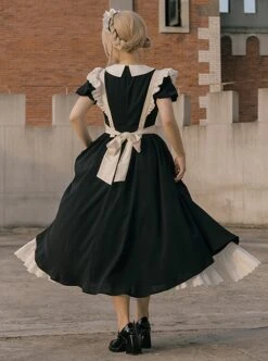 Kiss Kiss Series Elegant Fake Two Piece Lace Apron Design Black Maid Outfit Sweet Lolita Short Sleeved Dress -MIMY Lolita Shop 4 500x672 295