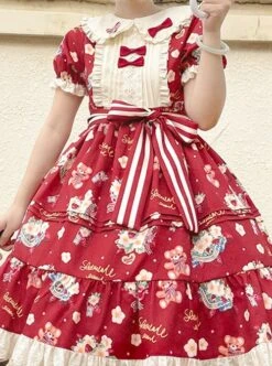 Doll Collar Lace Bear Strawberry Print Puff Sleeve Bow Red And White Striped Belt Sweet Lolita Short Sleeve Dress 14 Doll Collar Lace Bear Strawberry Print Puff Sleeve Bow Red And White Striped Belt Sweet Lolita Short Sleeve Dress -MIMY Lolita Shop 4 500x672 297