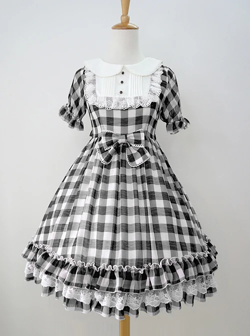 Plaid Chiffon Doll Collar Sweet Lolita Short Sleeve Dress 5 Plaid Chiffon Doll Collar Sweet Lolita Short Sleeve Dress - Image 3