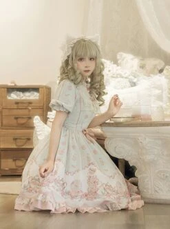 Rose Garden Series Cute Teacup Embroidery Pink Tea Party Print Lace Sweet Lolita Small Round Neck Puff Sleeve Dress Apron Set -MIMY Lolita Shop 4 500x672 303