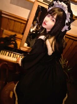 Humanoid Time Series Elegant Black Velvet Spring Autumn Retro Puff Sleeve Sweet Lolita Long-Sleeved Dress -MIMY Lolita Shop 4 500x672 305