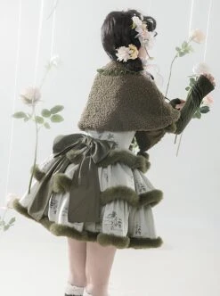Painting Dreams Forest Elf Series Morandi Forest Green Plush Little Cape Elegant Sweet Multi-Tiered Fluffy Sweet Lolita Dress JSK Set -MIMY Lolita Shop 4 500x672 306