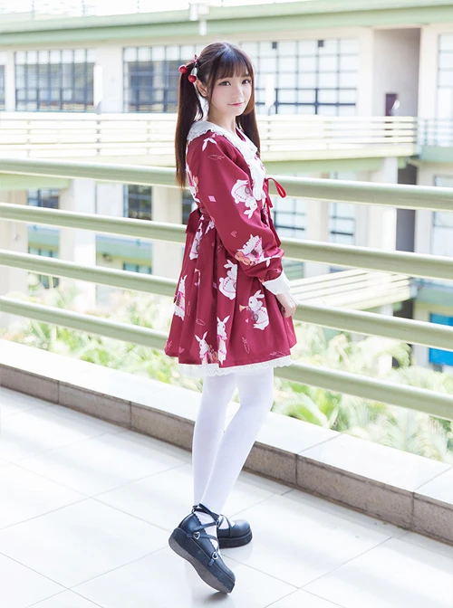 Fashion And Musical Instrument Rabbit Series Printing Sweet Lolita Long Sleeves Dress 4 Fashion And Musical Instrument Rabbit Series Printing Sweet Lolita Long Sleeves Dress - Image 2