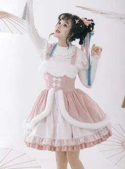 Peach Blossom Fan Series Pink Chinese Style Velvet Embroidery White Fluffy Hair Ball Lace Bowknot Puff Sleeve Short Coat Sleeveless Dress JSK -MIMY Lolita Shop 4 500x672 321