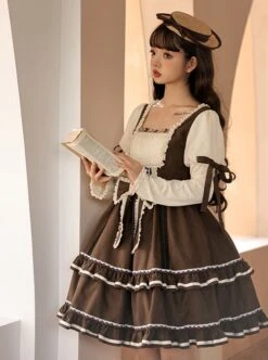 Fog Brown Series Retro Doll Sense Elegant Square Collar Chiffon Puff Sleeve Brown Sweet Lolita Long-Sleeved Dress -MIMY Lolita Shop 4 500x672 327