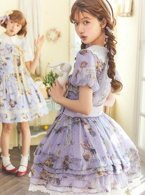 Handmade Cat Series Low Saturation Light Purple Pansy Kitty Pastoral Butterfly Book Print Sweet Lolita Puff Sleeves Dress 5 Handmade Cat Series Low Saturation Light Purple Pansy Kitty Pastoral Butterfly Book Print Sweet Lolita Puff Sleeves Dress - Image 3