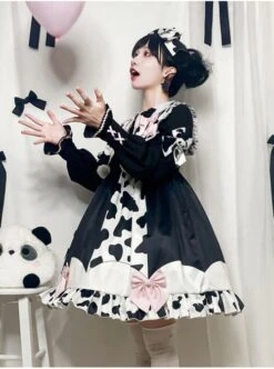 Sweet Snow Ranch Story Series OP Pleated Hem Design Bowknot Sweet Cow Color Sweet Lolita Long Sleeve Dress -MIMY Lolita Shop 4 500x672 353