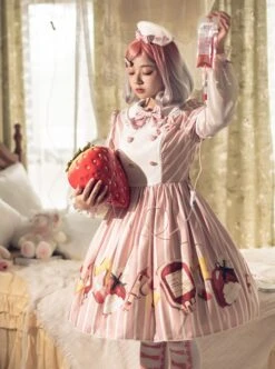 Striped Bow Doll Collar Detachable Sleeves Strawberry Blood Bag Syringe Print Striped Halloween Sweet Lolita Long Sleeve Dress -MIMY Lolita Shop 4 500x672 356