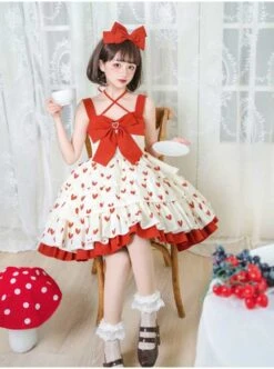 Hi My Sweetheart Series JSK Summer White Short Three-segment Hem Red Love ​Lace Bow Decoration Sweet Lolita Sleeveless Dress -MIMY Lolita Shop 4 500x672 366