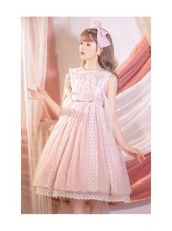 Sugar Dream Series JSK Spring Autumn High Waist Short Sleeve Pink Lace Bow Elegant Sweet Lolita Sling Long Dress And Bib -MIMY Lolita Shop 4 500x672 369