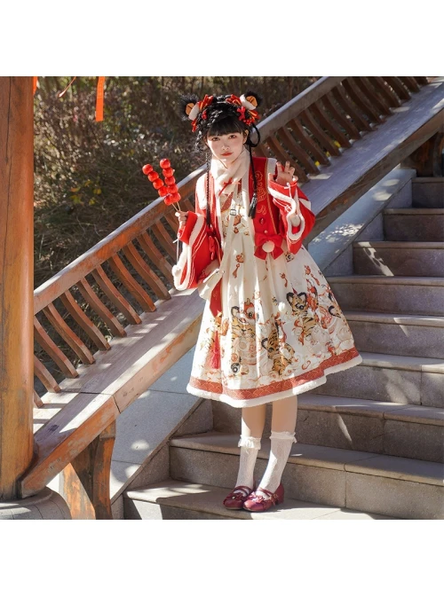 Chinese New Year Style Cute Tigers Printing JSK Sweet Lolita Winter Red Sleeveless Dress Short Coat Set 7 Chinese New Year Style Cute Tigers Printing JSK Sweet Lolita Winter Red Sleeveless Dress Short Coat Set - Image 5