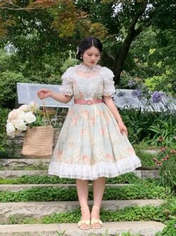 Sweet Lolita High Waist Detachable Satin Belt Small Fly Sleeves Double Layer Fungus Hem Polka Dot Short Sleeve Dress -MIMY Lolita Shop 4 500x672 379
