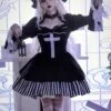 Requiem Series Classical Velvet Lace Cross Halloween Stripe Hem Gothic Lolita Long Sleeve Dress