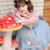 Plum Flower Snow Rabbit Series Sweet Lolita Blue Pink Plum Flower Bowknot Decoration Long Sleeve Shirt Sleeveless Dress Set