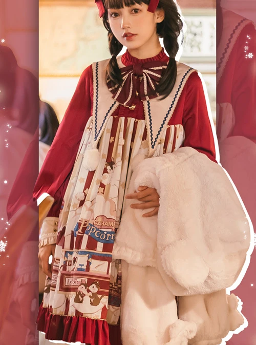 Popcorn Series Christmas Red Sweet Lolita Long Sleeve Dress 5 Popcorn Series Christmas Red Sweet Lolita Long Sleeve Dress - Image 3