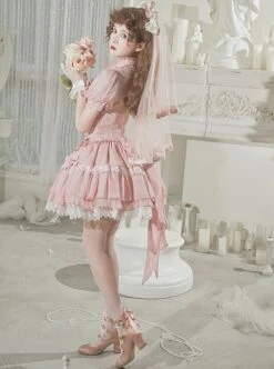 Butterfly Cross Dream Series Girls Turtleneck Solid Color Hollow Lace Bow-Knot Frenulum Short Sleeve Sweet Lolita Dress -MIMY Lolita Shop 4 500x672 387