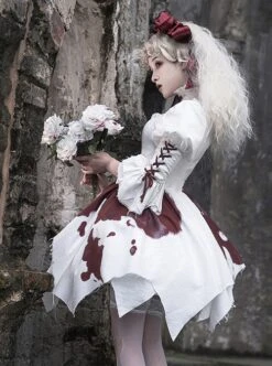 Romeo Series Lacing Stand Collar Chest Hollow Irregular Hem Bloody Gothic Lolita Mid-Sleeved Dress -MIMY Lolita Shop 4 500x672 39
