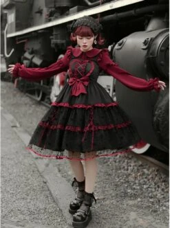 Silent Portrait Series JSK Red Bowknot Three-stage Hem Black Sweet Lolita Ruffle Sling Dress -MIMY Lolita Shop 4 500x672 391