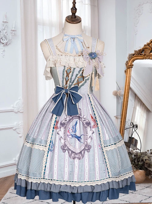 Sparrows In The Mirror Series JSK Type I Light Blue Retro Pastoral Style Sweet Lolita Sling Dress 6 Sparrows In The Mirror Series JSK Type I Light Blue Retro Pastoral Style Sweet Lolita Sling Dress - Image 4