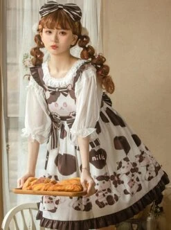 MIMY Lolita Shop 15 Sweet Small Cow Print Striped Bow Ruffle Hem Sweet Lolita Simple Sleeveless Dress
