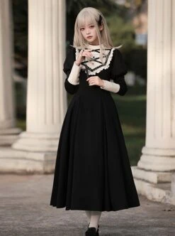 Twilight Mail Series White Ruffled Edge Splicing Black Big Hem Bowknot Classic Lolita Juliet Sleeves Dress -MIMY Lolita Shop 4 500x672 412