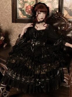 Day Night Light Series Gorgeous Noble Elegant Palace Style Dark Black Gothic Lolita Black Wedding Dress Veil Full Set -MIMY Lolita Shop 4 500x672 42