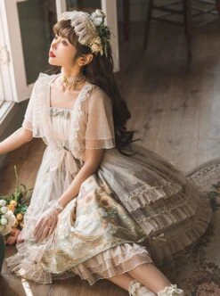 Bunny Sunflower Print Bow-Knot Waist Frenulum Polka Dot Ruffle Smock Classic Lolita Sleeveless Dress -MIMY Lolita Shop 4 500x672 425