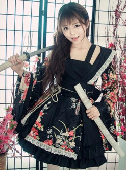 Japanese Style Flowers Printing Bowknot Black Kimono Classic Lolita Dress -MIMY Lolita Shop 4 500x672 430