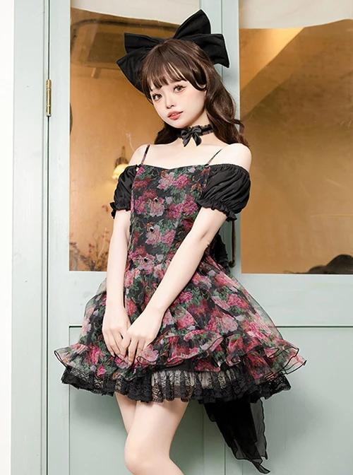 Chinese Style Northeast Big Flower Beautiful Black Bowknot Exquisite Mesh Yarn Classic Lolita Puff Sleeves Slip Dress 7 Chinese Style Northeast Big Flower Beautiful Black Bowknot Exquisite Mesh Yarn Classic Lolita Puff Sleeves Slip Dress - Image 5