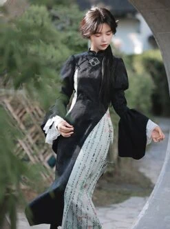 Orchid Pavilion Frosty Moonlit Night Chinese Style Retro Dark Black Witch Sexy Slim Puff Ruffled Sleeves Splice Lace Gothic Lolita Dress Cheongsam -MIMY Lolita Shop 4 500x672 50