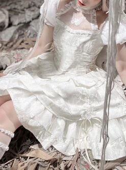 Butterfly Bone Series Pure White Dark Pattern Jacquard Texture Ruffles Embroidered Butterfly Lace Classic Lolita Puff Sleeves Dress OP -MIMY Lolita Shop 4 500x672 503