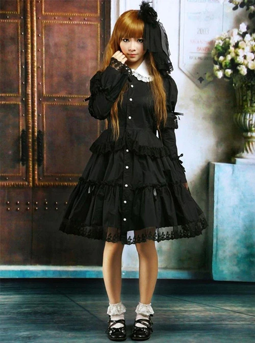 Black Lapel Ruffle Gothic Lolita Long Sleeve Dress 6 Black Lapel Ruffle Gothic Lolita Long Sleeve Dress - Image 4