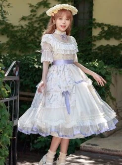 Edwardian Collar Bowknot Decoration Puff Sleeves Lace Ruffles Exquisite Printing Mosaic Crystal Yarn Classic Lolita Short-Sleeved Dress -MIMY Lolita Shop 4 500x672 523