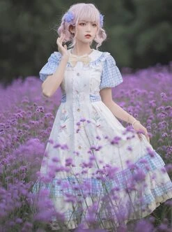 Tulip Bouquet Series Pastoral Style Doll Collar Lace Floral Plaid Lantern Sleeve Classic Lolita Short-Sleeved Dress -MIMY Lolita Shop 4 500x672 528