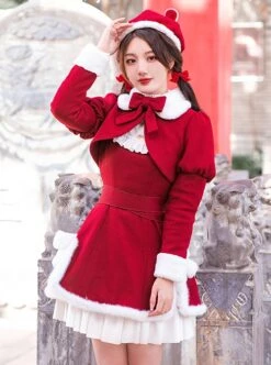 White Plush Round Neck Plush Bow-Knot Slit Hem Design Winter Classic Lolita Sleeveless Dress -MIMY Lolita Shop 4 500x672 530