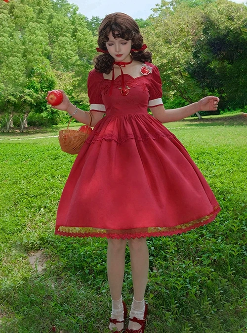 Pastoral Scenery Red Apple Bowknot Embroidered Classic Lolita Cotton Square Collar Lace Puff Sleeve Summer Dress 6 Pastoral Scenery Red Apple Bowknot Embroidered Classic Lolita Cotton Square Collar Lace Puff Sleeve Summer Dress - Image 4