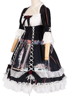 Narkissos Series Printing Retro Black Classic Lolita Short Sleeve Dress -MIMY Lolita Shop 4 500x672 545