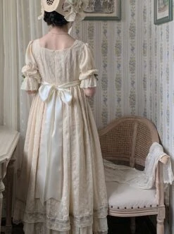 Sally Garden Series Daily Imperial Style Square Neckline High Waist Lotus Short Sleeves Small Floral Embroidery Long Dress OP -MIMY Lolita Shop 4 500x672 551