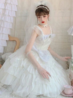 Snow Series JSK Solid Color Layered Pleated Lace Jacquard Star Embroidery Hem Bow Knot Decoration Sequin Pearl Classic Lolita Dress 15 Snow Series JSK Solid Color Layered Pleated Lace Jacquard Star Embroidery Hem Bow Knot Decoration Sequin Pearl Classic Lolita Dress -MIMY Lolita Shop 4 500x672 556
