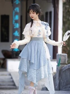 Sea Flowers Series Blue New Chinese Style Wesh Yarn Lace Fake Two Piece Irregular Embroidered Classic Long Sleeves Lolita Dress -MIMY Lolita Shop 4 500x672 562