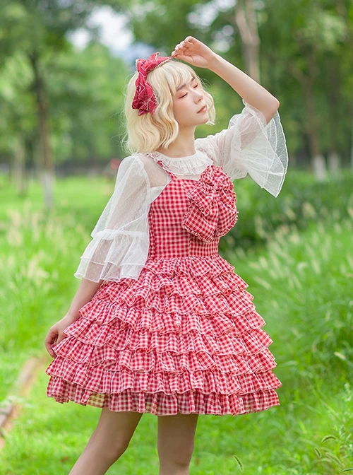 Multi-Layered Cake Skirt Series Bowknot Decoration Plaid Print Daily All-Match Classic Lolita Sleeveless Dress 3 Multi-Layered Cake Skirt Series Bowknot Decoration Plaid Print Daily All-Match Classic Lolita Sleeveless Dress
