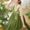 Forest Style Leaf Lace Ruffles Bowknot Sweet Retro Doll Classic Lolita Green Suspender Dress Short Sleeves Shirt Set