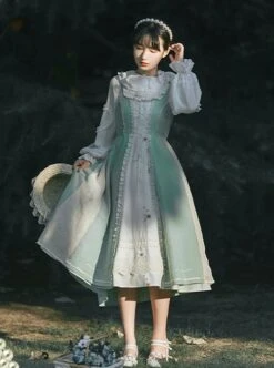 Vintage Gentle Rustic Style Square Neck Lace Decoration Flower Vines Embroidered Front Short Back Long Hem Classic Lolita Sleeveless Dress Set -MIMY Lolita Shop 4 500x672 576