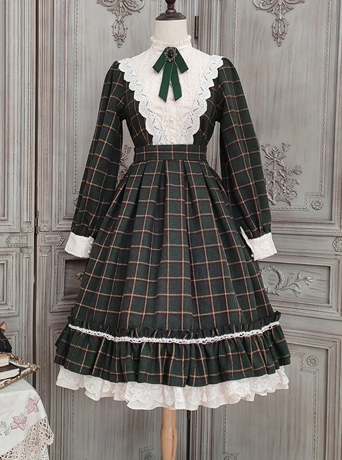 Elegant Vintage Check Woolen Fabric Ruched Ruffled Lace Trim White Lace Jacquard V Neckline Classic Lolita Long Sleeve Dress 6 Elegant Vintage Check Woolen Fabric Ruched Ruffled Lace Trim White Lace Jacquard V Neckline Classic Lolita Long Sleeve Dress - Image 4