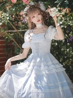 Shell Wind Chime Series Elegant Square Neck Lily-Of-The-Valley Embroidered Polka Dot Yarn Hem Classic Lolita Short-Sleeved Dress -MIMY Lolita Shop 4 500x672 581