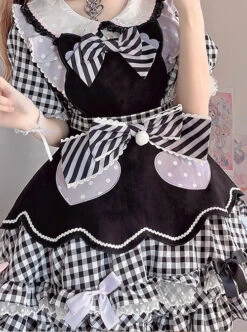 Cute Pastry Chef Checkerboard Design Pleated Ruffled Hem Bow Knot Apron Doll Neckline Classic Lolita Dress -MIMY Lolita Shop 4 500x672 582