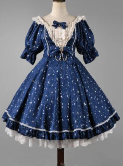 Classic Lolita Retro Solid Color Star Shape Embellishment Design Pleated Neckline Bow Knot Decoration Short Sleeve Dress 16 Classic Lolita Retro Solid Color Star Shape Embellishment Design Pleated Neckline Bow Knot Decoration Short Sleeve Dress -MIMY Lolita Shop 4 500x672 586