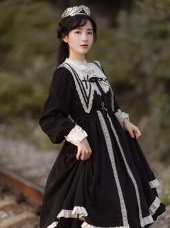 Nun Style Black-White Stand-Up Collar Lace Ruffles Large Skirt Classic Lolita Long-Sleeved Dress -MIMY Lolita Shop 4 500x672 588
