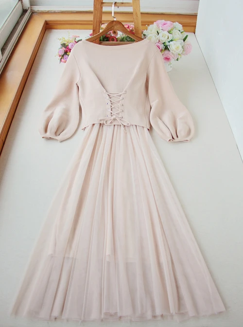 Retro Elegant Knitted Sweater And Gauze Sling Dress Set 3 Retro Elegant Knitted Sweater And Gauze Sling Dress Set