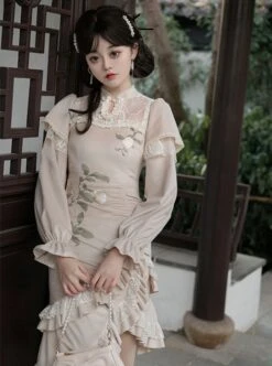 Chinese Style Improved Cheongsam Stand Collar Stitching Translucent Lace Camellia Flower Embroidery Classic Lolita Long-Sleeved Dress -MIMY Lolita Shop 4 500x672 597